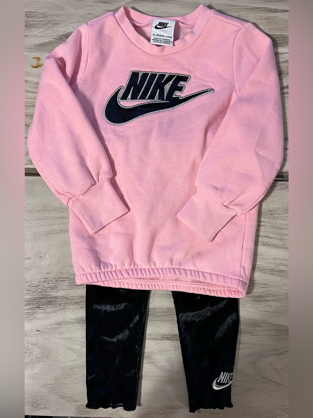 Nike Girls 2T Pink Sweatshirt Black Velour Leggings 2-Piece Outfit